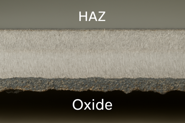 Microscopic cross-section of a laser-cut 304 stainless steel edge showing heat-affected zone (HAZ) and oxide layer.