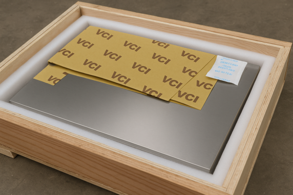 Open wooden export packaging box containing thin stainless steel sheets, protected with foam boards, VCI paper, and desiccant bags.