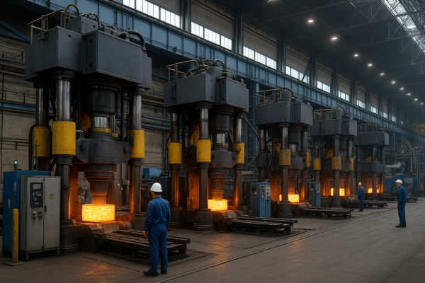 A modern industrial forging line with automated hydraulic presses glowing orange during operation, supervised by engineers in protective gear.