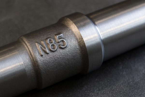 Close-up of a precision-forged steel shaft with smooth machining and clear stamping mark for traceability.