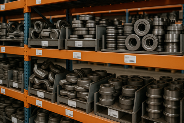 Racks of custom forged components in a clean, organized warehouse, each part batch labeled for traceability.