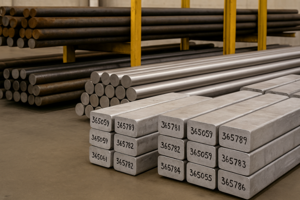 Neatly organized raw material warehouse with stacks of aluminum billets marked with heat numbers alongside steel and stainless rods.
