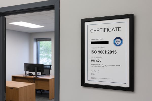 ISO 9001:2015 certification plaque displayed prominently on a wall beside the entrance of a modern office.