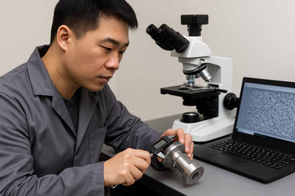 Asian technician measuring a forged metal part with a digital caliper beside a microscope and microstructure analysis screen.