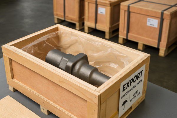 Custom-forged metal part secured in a wooden export crate with rust-preventive lining, surrounded by other sealed export boxes.