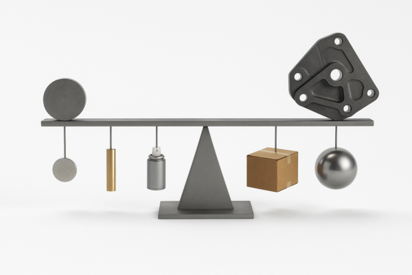 A leverage chart showing how different factors like material cost, machining time, surface coating, shipping weight, and lifecycle durability influence the total cost of custom metal parts.