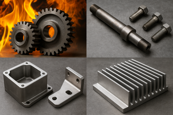 A four-part collage of custom metal components: steel gears in a high-heat environment, a steel shaft with bolts, aluminum brackets and enclosures, and an aluminum heat sink—each captured on neutral backgrounds without any text or people.