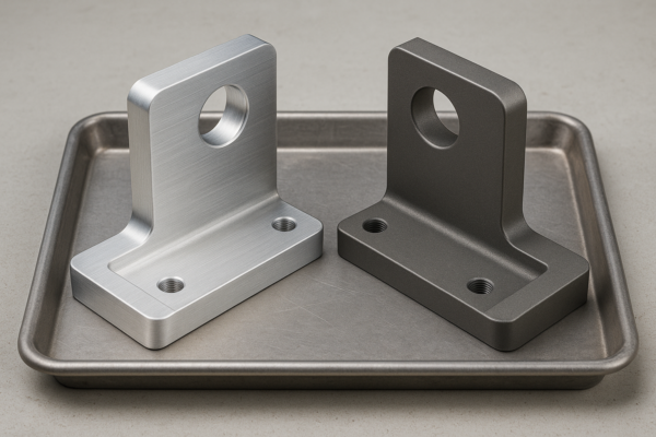 Side-by-side comparison of two identical L-shaped metal brackets—one in silver-finished 6061-T6 aluminum and the other in matte-finished AISI 1018 steel—placed on a metal tray.