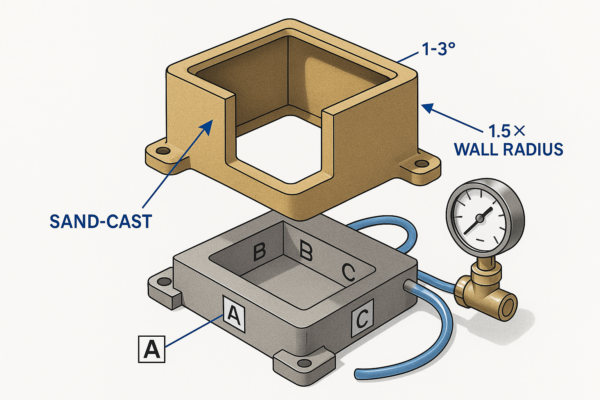 High-resolution exploded view illustration of a sand-cast housing, showing draft design angles of 1–3°, wall radius requirement ≥1.5×, and machining datums A, B, and C clearly highlighted. Image ratio 3:2, clean technical schematic, no text or people.