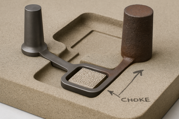 High-resolution photograph of a sand casting gating system layout, featuring a tapered sprue, a runner with a ceramic filter, an exothermic riser placed at a hot spot, and a marked choke zone. Image ratio 3:2, realistic industrial textures, no text overlays or people.