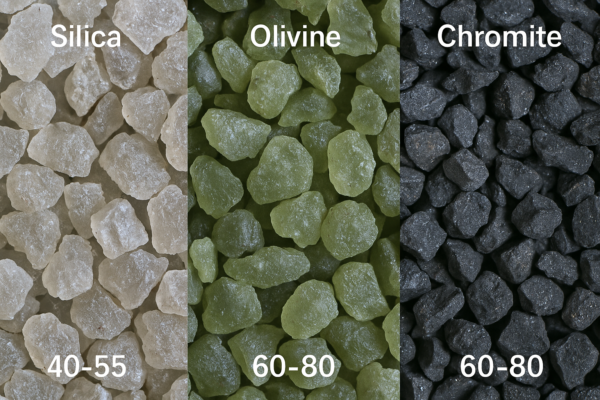 High-resolution microscopic photograph comparing silica, olivine, and chromite sand particles. Silica grains (GFN 40–55) appear light beige with rough fractured surfaces, olivine grains (GFN 60–80) show translucent greenish particles with smoother edges, and chromite grains (GFN 60–80) are dark gray to black with angular crystalline textures. Image ratio 3:2, no people or text overlays.