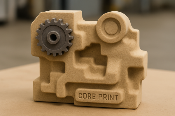 High-resolution photograph of a sand core assembly produced using the PU cold box process. The assembly includes a vent opening, an integrated sprocket, and clearly defined core prints for positioning and support. Image ratio 3:2, realistic industrial textures, no people or extra text.