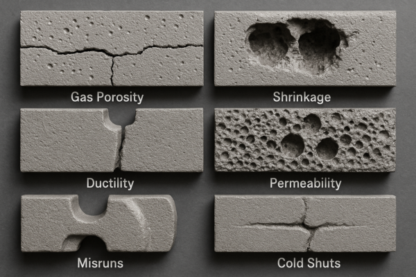High-resolution photographic reference board showing comparative casting defect samples. The board includes six sections: gas porosity, shrinkage cavities, ductility fracture, permeability defects, misruns, and cold shuts. Image ratio 3:2, realistic metal fracture surfaces, no people or decorative text.