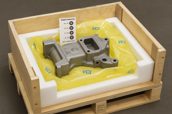 High-resolution photograph of an export-ready packaging layout for a cast metal component. The cast part is placed inside foam protective units, sealed with yellow VCI (volatile corrosion inhibitor) wrapping, accompanied by a humidity indicator card. The assembly rests in a certified ISPM-15 wooden pallet crate with reinforced corner protectors. Image ratio 3:2, clean industrial background, no people or added text.