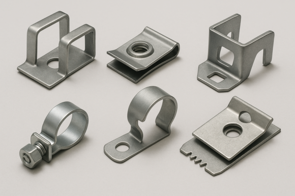 Exploded view of custom metal fasteners including U-shaped clip, speed nut, quick panel clip, edge clip, hose clamp, and contact clip arranged on a neutral background.