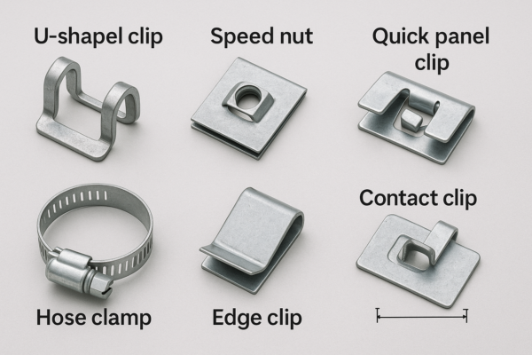 Chart-style display of custom metal fasteners including U-shaped clip, speed nut, quick panel clip, edge clip, hose clamp, and contact clip with basic dimension indicator, arranged on a neutral background.