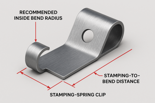 High-resolution process diagram of a stamped spring clip showing recommended inner bend radius and stamping-to-bending distance on a neutral background.