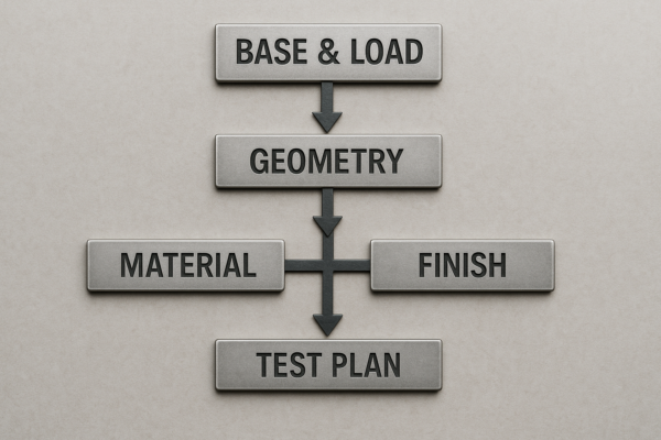 High-resolution decision tree for custom metal fasteners showing stages: base and load → geometry → material → finishing → testing plan. Metallic industrial-style blocks connected with arrows on a neutral background, ratio 3:2.