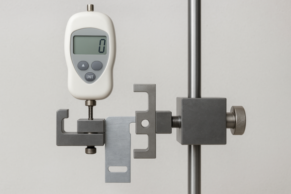 High-resolution image of a custom metal fastener force testing device showing push-in and pull-out fixtures with a digital gauge and thin metal sheet coupons on a neutral background.