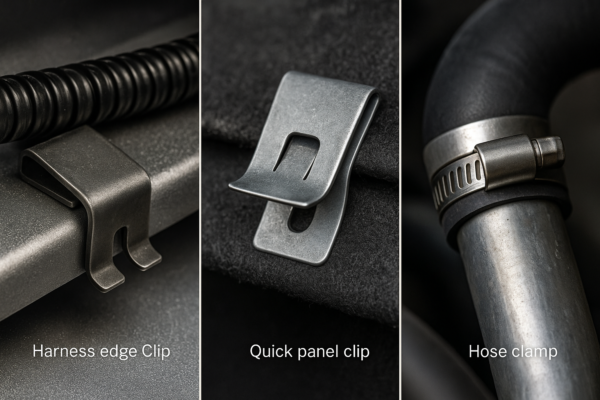 Composite high-resolution image of three custom metal fasteners: an edge clip mounted on a body flange, a quick panel clip used for interior trim, and a hose clamp secured on a cooling pipe.