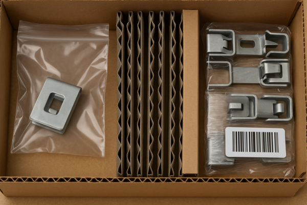 High-resolution packaging layout of custom metal fasteners showing VCI bag, corrugated dividers, corner post reinforcement, stretch wrap, and barcode labels on fixture parts.