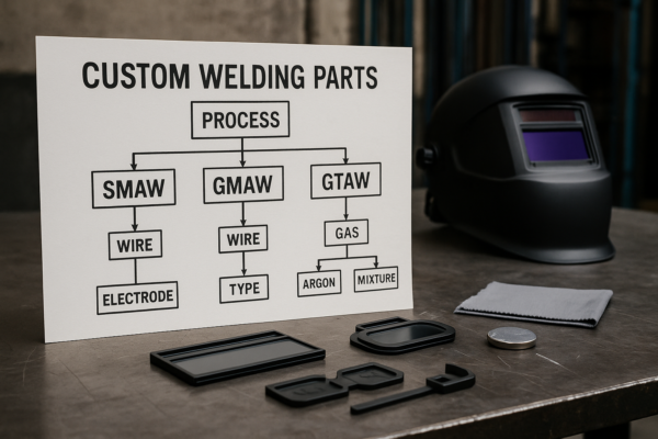High-definition hero image showing welding process overview with custom parts, wires, and gas flow decision arrangement placed on a workshop table.