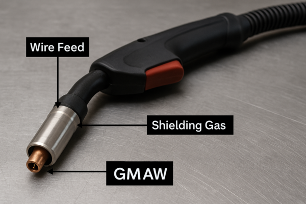 High-definition close-up of a GMAW welding torch showing wire feed channel and shielding gas passage on a scratched workshop metal surface.