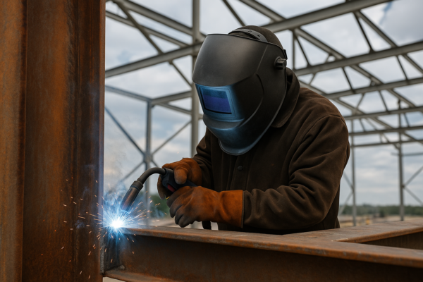 High-definition field application image of FCAW-S welding on structural steel beams in a windy outdoor construction site, without shielding gas cylinders.