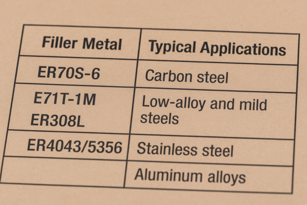 High-definition image of welding wire ID card listing ER70S-6, E71T-1M, ER308L, and ER4043/5356 with their typical applications.
