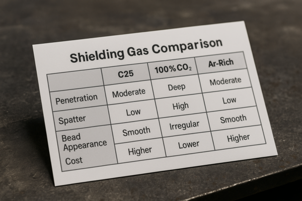 High-definition image of shielding gas comparison chart for welding showing C25, 100% CO2, and Argon-rich mixture with differences in penetration, spatter, bead appearance, and cost.