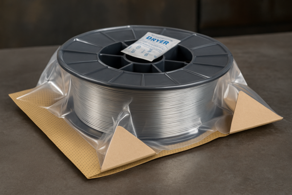 High-definition image of a welding wire spool packaged with vacuum sealing, desiccant, VCI protective sheet, and cardboard corner protectors on a workshop table.
