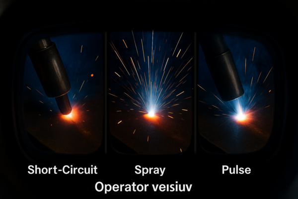 High-definition operator view of welding arcs showing side-by-side comparison of short-circuit, spray, and pulsed arc modes.