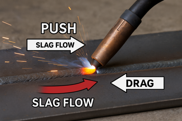High-definition close-up of FCAW-S welding bead showing slag flow directions for push and drag techniques on a steel plate.