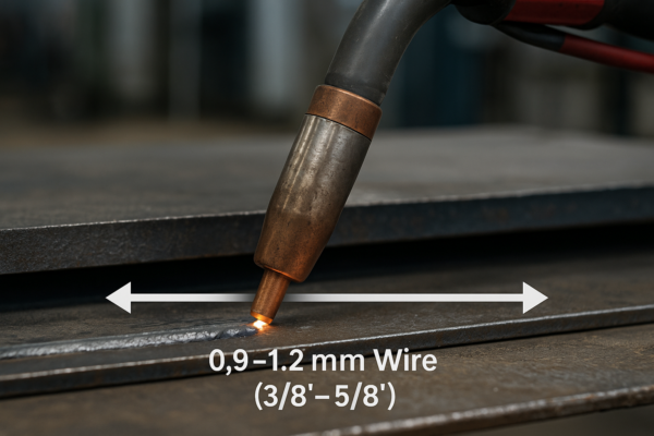 High-definition close-up of a welding torch showing CTWD (Contact Tip to Work Distance) reference for 0.9–1.2 mm wire with overlay at feeder area on a steel plate.