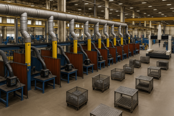High-definition overview of Prime’s workshop with 10 welding production lines equipped with battery-powered welding units and CMM inspection bay.