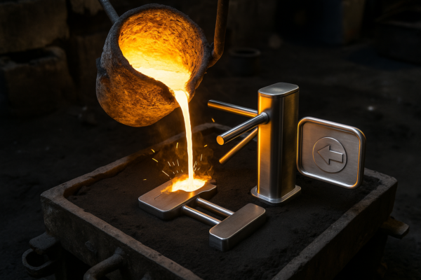 Molten stainless steel being poured into a casting mold to form custom track and gate parts in a foundry workshop, with glowing metal highlighting the manufacturing process.
