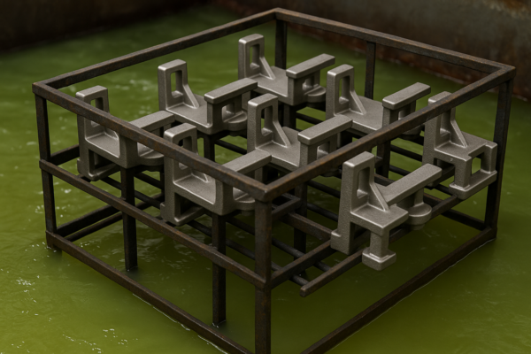 Stainless steel castings arranged on a metal rack, immersed in a green solution bath during heat treatment in an industrial foundry.