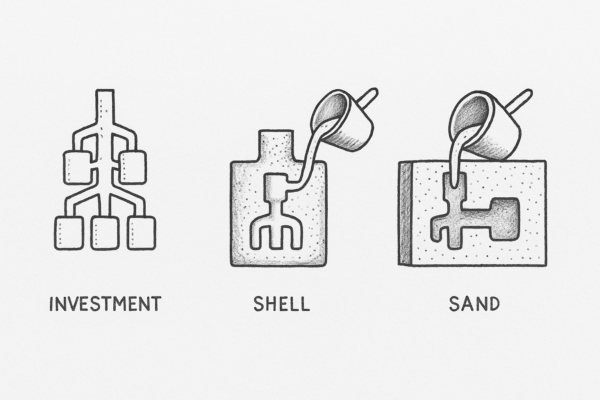 Diagram comparing investment casting, shell casting, and sand casting methods with process outlines in a technical sketch.
