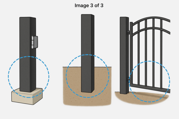 Stainless steel gate and posts installation example, showing cast metal parts being assembled with buffer hotspots in an industrial setting.