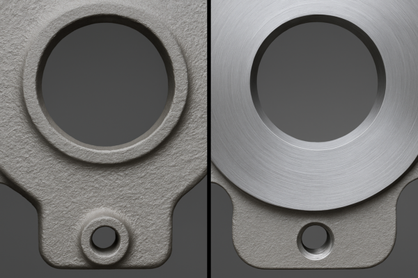 Comparison of metal casting part surfaces showing rough as-cast texture on the left and smooth machined sealing surface on the right.