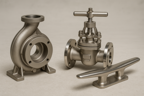 Stainless steel casting applications showing a pump housing, flanged valve, and polished marine cleat as examples of custom cast parts.