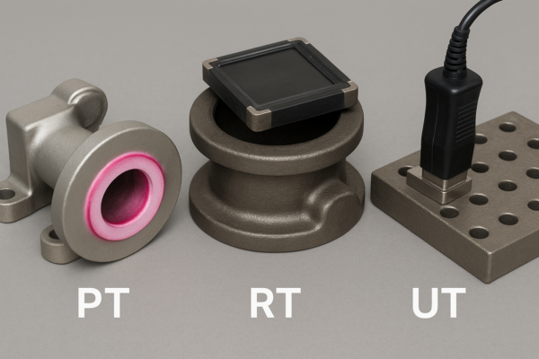 Non-destructive testing plan for stainless steel casting parts showing penetrant testing on seals, radiographic testing on hub sections, and ultrasonic testing on thick wall components.