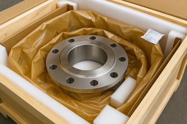 Stainless steel casting part securely packed in a wooden crate with foam lining, VCI protection, desiccant, and edge protectors for export shipping.