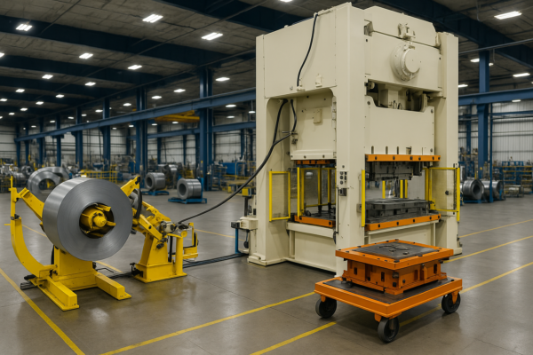 Progressive stamping production line in Prime’s workshop featuring coil feeding system and quick-change die cart, with large press machine and organized steel coils in the background.