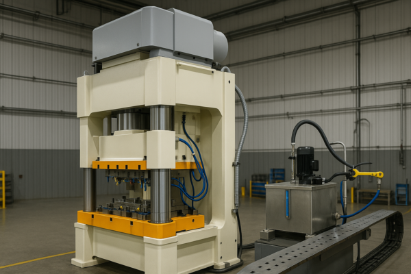 Servo press unit with in-die sensors and automatic strip lubrication system in a progressive stamping setup, showing servo-driven press, lubrication tank with hoses, and integrated tooling sensors.
