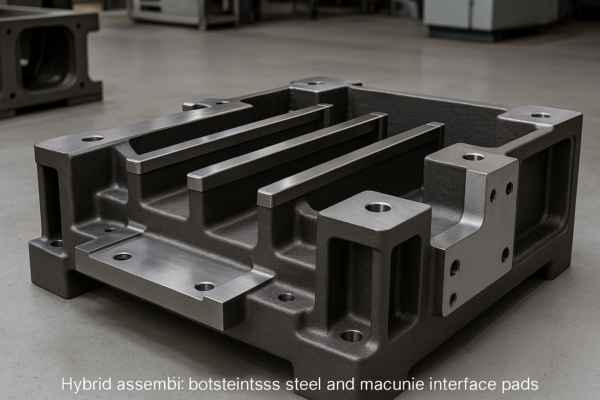 Hybrid assembly with flexible cast iron base reinforced by stainless steel bars and machined interface pads for precision mounting.
