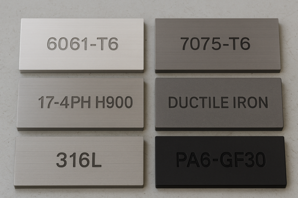 Six industrial material coupons displayed on a flat surface, including aluminum alloys 6061-T6 and 7075-T6, stainless steels 17-4PH H900 and 316L, ductile iron, and PA6-GF30 composite.