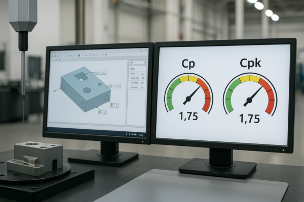 QC station with a coordinate measuring machine running GD&T inspection, alongside monitors showing CAD-based measurement program and Cp/Cpk process capability dashboard.