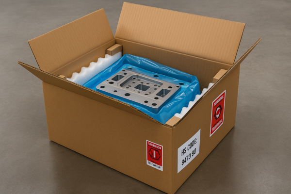 Export packaging with industrial part wrapped in VCI bag, secured with foam dividers and corner protectors, labeled with TiltWatch indicator and HS code tag.