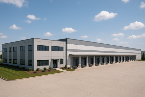 Exterior of Prime factory, ISO-certified facility with modern architecture, 10 production lines inside, and export-ready loading docks.